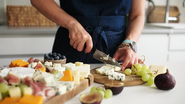 Woman Preparing A Cheese Platter By Cutting Blue Cheese With Mold And Arranging It With Fruits In The Kitchen For A Charcuterie Board
