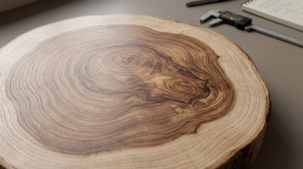 Close up of natural wood tree slice with visible growth rings on workbench in carpentry workshop measuring and planning surface