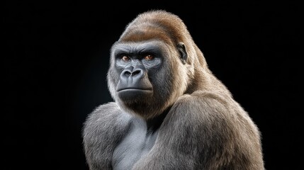 Obraz premium A close-up portrait of a powerful gorilla with intense eyes, showcasing its strong features and fur against a dark background.