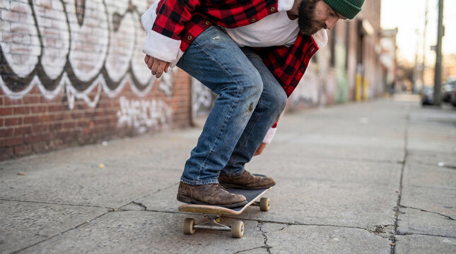Man in plaid shirt balancing on skateboard while riding along urban graffiti covered brick wall on empty city sidewalk