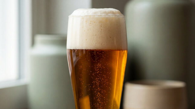 Tall glass of golden beer with frothy foam head and rising bubbles standing on a table in soft natural light indoors
