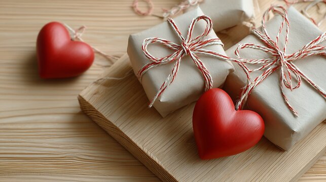 Romantic Valentine's Day Gift Presentation with Red Heart Ornaments on Wood, Warm Flat Lay with Soft Lighting and Copy Space, Celebration of Love - Powered by Adobe