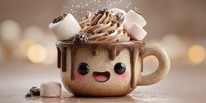 Festive hot chocolate drink in a cheerful mug cozy christmas setting delicious dessert warm environment eye-level view indulgent concept