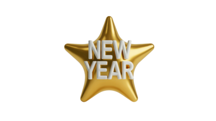 A gleaming golden star with 'NEW YEAR' emblazoned in prominent white 3D letters, symbolizing fresh beginnings and festive celebrations. background removed