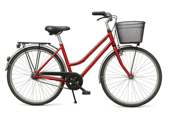 Obraz premium Red city bike with front basket and rear rack, a transportation vehicle for urban lifestyle and healthy travel