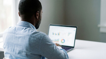 Business professional analyzing financial charts on laptop while working remotely at modern minimalist home office desk