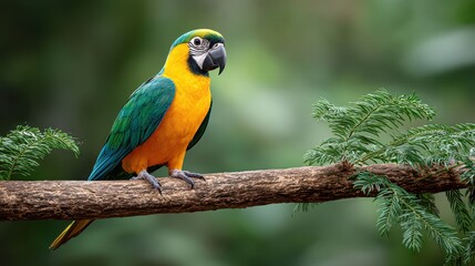 Obraz premium A vibrant parrot with blue and green feathers perched on a branch, surrounded by lush greenery, showcasing its colorful plumage.