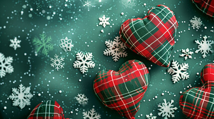 A festive phone wallpaper featuring red and green plaid hearts surrounded by delicate snowflakes, creating a cozy and cheerful holiday atmosphere.