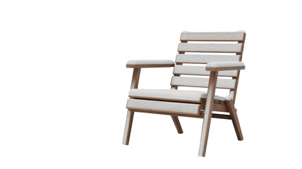An outdoor wooden slatted chair, covered in fresh snow, evoking a serene winter scene with a clean, cut-out style. background removed © Vibu design  gallery