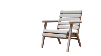 An outdoor wooden slatted chair, covered in fresh snow, evoking a serene winter scene with a clean, cut-out style. background removed