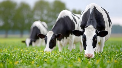 A group of dairy cows recognizable by their black and white markings are shown grazing in a lush green field filled with small yellow flowers on a bright natural day