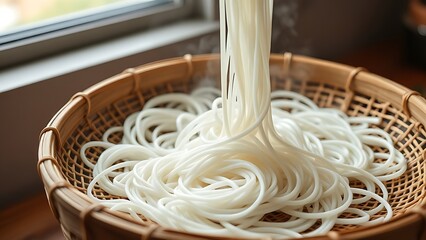 somen. Thin white noodles on a bamboo sieve, rising steam, window light. menu design, packaging mockups, designed for culinary blogs and recipe cards for restaurants, supports restaurant marketing.