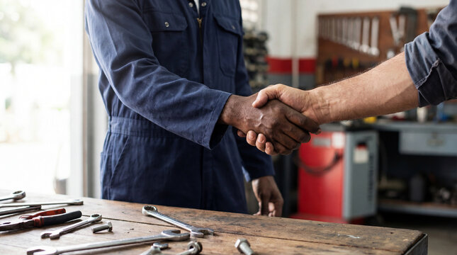 Handyman shaking hands with mechanic in workshop, symbolizing successful repair service, partnership and trusted craftsmanship
