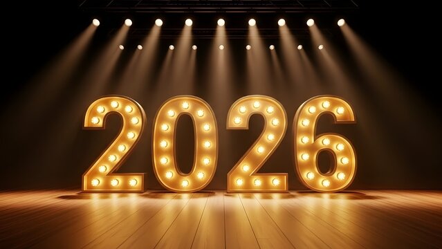 Illuminated 2026 sign under stage lights for new year or celebration - Powered by Adobe