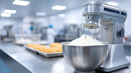 A large silver commercial stand mixer with a full bowl of white flour and whisk attachment is positioned on a polished stainless steel workstation in a bright sterile industrial kitchen setting