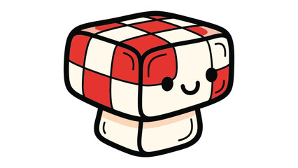 Ketupat Delight: A playful and endearing illustration of a Ketupat, the traditional Indonesian rice cake, showcasing its vibrant red and white check pattern, with a friendly expression.