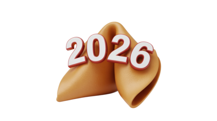 A 3D rendered fortune cookie prominently featuring the year 2026, symbolizing future predictions, new beginnings, and upcoming events. background removed