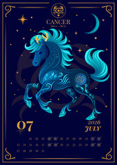  Cancer Zodiac Horse &ndash; 2026 July Calendar Page