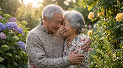 happy senior couple embracing in a lush garden, smiling lovingly while surrounded by blooming flowers and vibrant green foliage