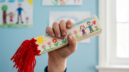 Colorful handmade bookmark with child's drawing of family, flowers, and sun held by small hand in bright creative classroom setting