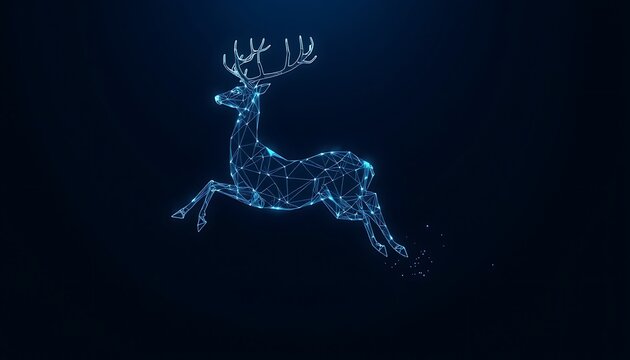 Wireframe deer silhouette in motion with glowing blue lines and nodes animal geometric