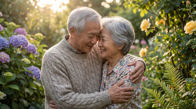 happy senior couple embracing in a lush garden, smiling lovingly while surrounded by blooming flowers and vibrant green foliage - Powered by Adobe