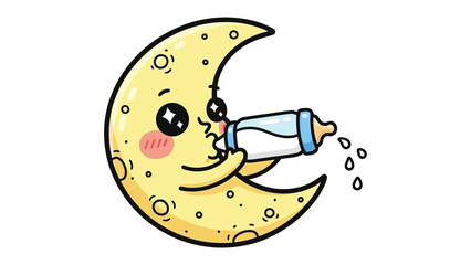 Lunar Nurturing: A whimsical depiction of a gentle crescent moon, tenderly feeding from a baby bottle, representing the care and affection of nighttime. 