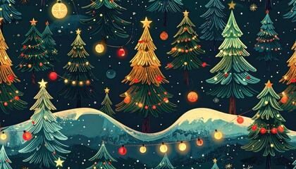 Festive Christmas night scene with glowing decorated trees and starry sky.