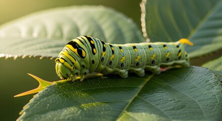 Vibrant Green Black Swallowtail Caterpillar Macro on Dark Leaf in Golden Sunlight