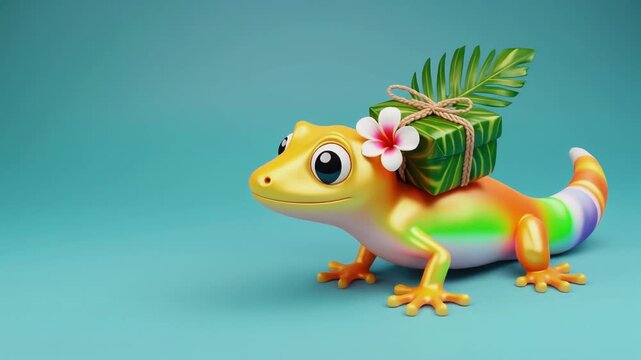 Cute 3d cartoon yellow gecko lizard with tropical flower and gift on blue background, perfect for summer vacation or travel concept
