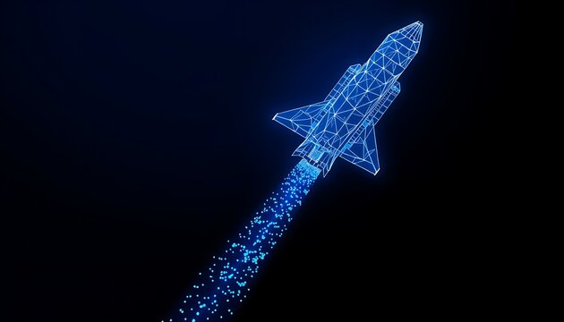 Blue wireframe space shuttle launching with glowing particle trail on black rocket spaceship