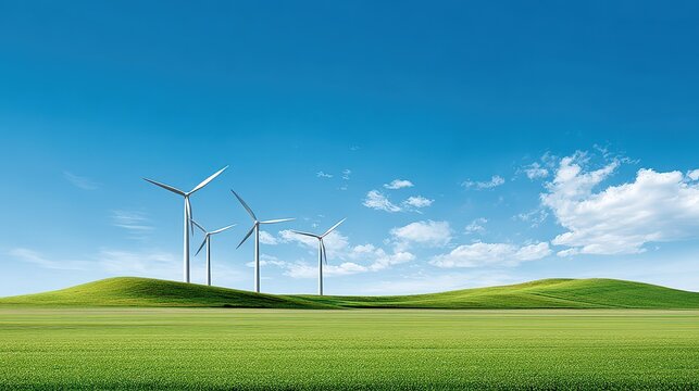 A serene landscape featuring wind turbines on green hills under a clear blue sky, symbolizing renewable energy and sustainability.