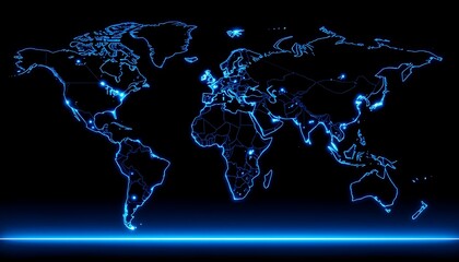 Illuminated blue digital world map with network connections and city lights on black global