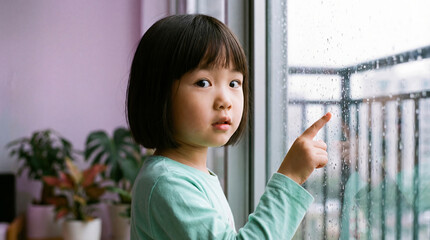 Curious young girl touching rainy window indoors with soft natural light and blurred balcony background on a calm day