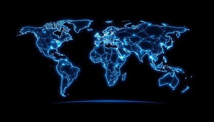Neon blue digital world map with glowing lines and points on a black background global network