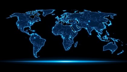 Glowing blue digital world map with interconnected lines and bright city lights on black background global