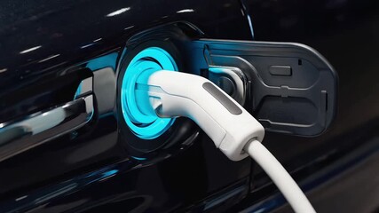 Electric Vehicle Charging Port with Glowing Blue Connector