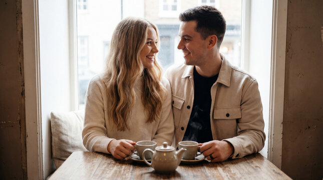 Warm couple enjoying coffee together at cozy cafe table by bright window, smiling and making eye contact in relaxed morning atmosphere