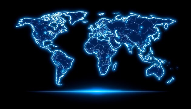 Bright blue digital world map with a network of lines and glowing city lights global connection