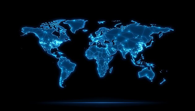 Digital Blue World Map with Global Network Connections and Bright Lights technology