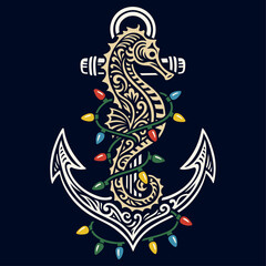 Seepferdchen auf Anker mit Lichterkette - Maritimes Weihnachts Ornament