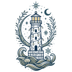 Mystischer Leuchtturm mit Mond und Wellen - Maritimes Vektor Ornament f&uuml;r Weihnachten