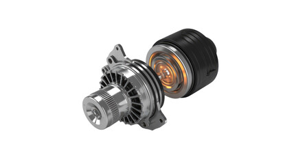 3D render of a disassembled electric motor or generator revealing its glowing electromagnetic core, showcasing advanced automotive or industrial powertrain technology. background removed