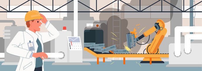 Factory worker reacts to malfunctioning robotic arm causing sparks and damage on assembly line, highlighting industrial safety risks and automation hazards isolated vector illustration