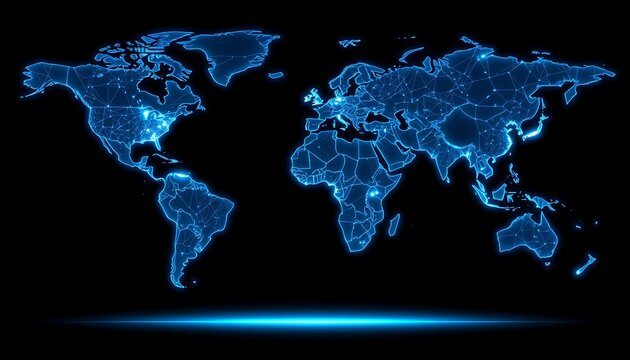 Blue glowing world map with interconnected nodes and a bright light beam below global earth - Powered by Adobe
