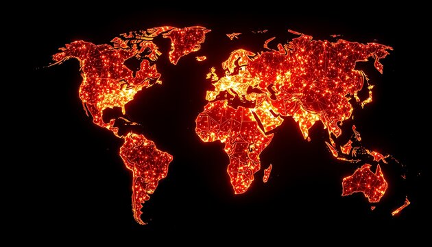 Vibrant red illuminated world map showing global connections and urban centers earth planet