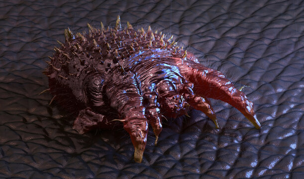 Scabies mite (Sarcoptes scabiei) acariform parasite with a hard chitinous shell. 3D illustration for medical, educational, and scientific materials related to dermatology, infection, parasitology