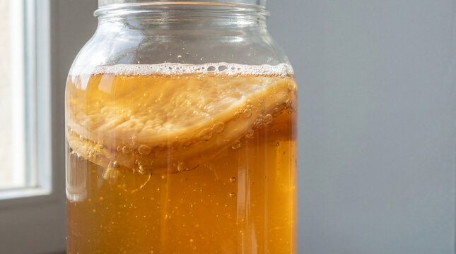 Fermenting kombucha tea with floating scoby culture in glass jar near window, healthy homemade probiotic drink brewing in natural light