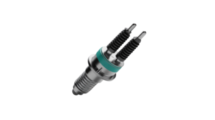 A modern double-tipped metallic component with a teal band, resembling an advanced spark plug or an industrial sensor. background removed