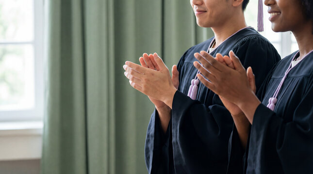 Graduates clapping during academic ceremony in formal gowns celebrating successful completion of education together indoors